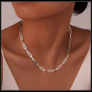 NEW SILVER WIDE LINK PAPERCLIP CHAIN CHOKER NECKLACE